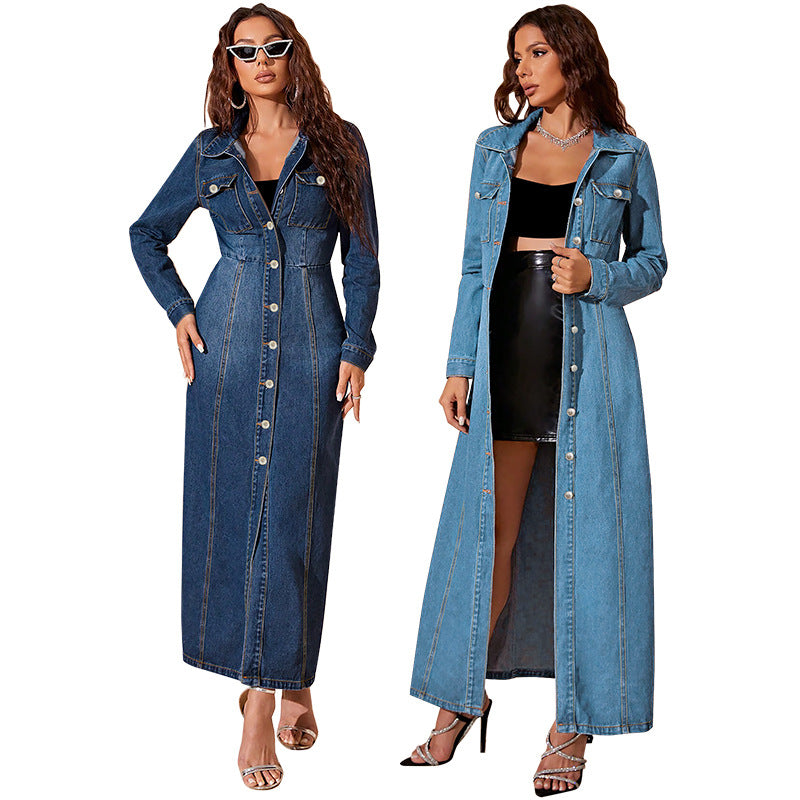 Vestido cárdigan de mezclilla con botones para mujer – Corte urbano de manga larga