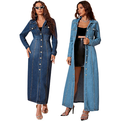 Vestido cárdigan de mezclilla con botones para mujer – Corte urbano de manga larga
