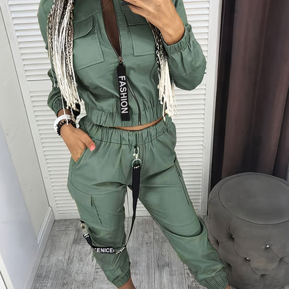 Directional Cargo Zip-Up Two-Piece Set – Women’s Casual Streetwear