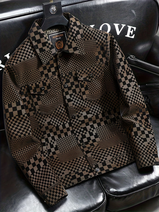 Men’s Checkered PU Coat – Black & Brown Houndstooth Street Jacket