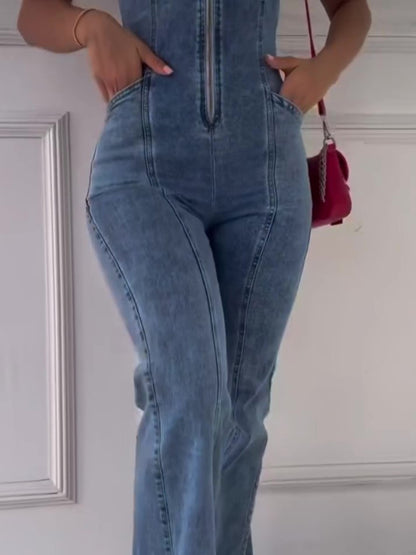 Mono vaquero con cremallera para mujer – Ajuste llamativo sin mangas y estilo patchwork