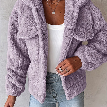 Women’s Soft Pink Plush Jacket – Button-Up Lapel Winter Cozy Outerwear