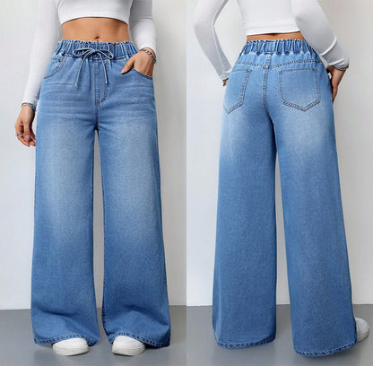 Women’s High-Waist Wide-Leg Jeans – 2025 Stretch Drawstring Denim