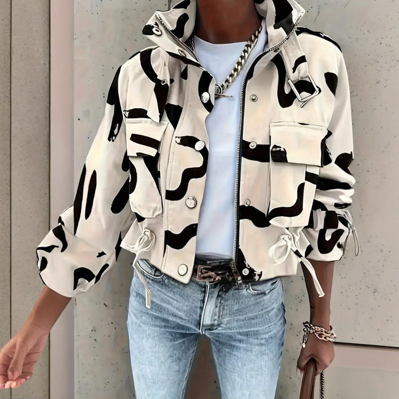 Chaqueta Corta Casual para Mujer con Cuello Alto, Botones y Cremallera