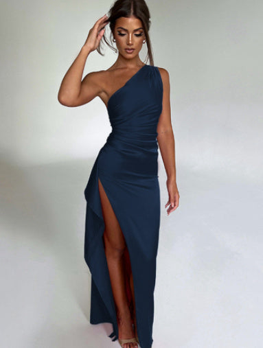 Loom & Soul™ Satin One-Shoulder Slit Dress – Women’s Elegant Summer Backless Party Gown