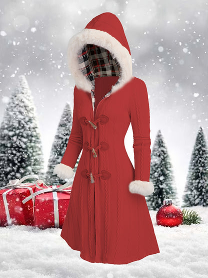 Women’s Y2K Plaid Hooded Coat – Red & White Patchwork Long Winter Jacket