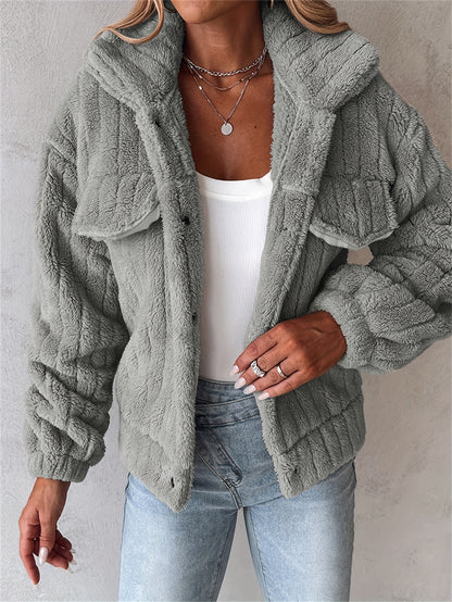 Women’s Soft Pink Plush Jacket – Button-Up Lapel Winter Cozy Outerwear
