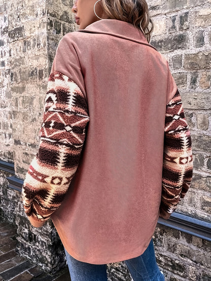 Women’s Geometric Fleece Jacket – Warm Color Block Winter Coat