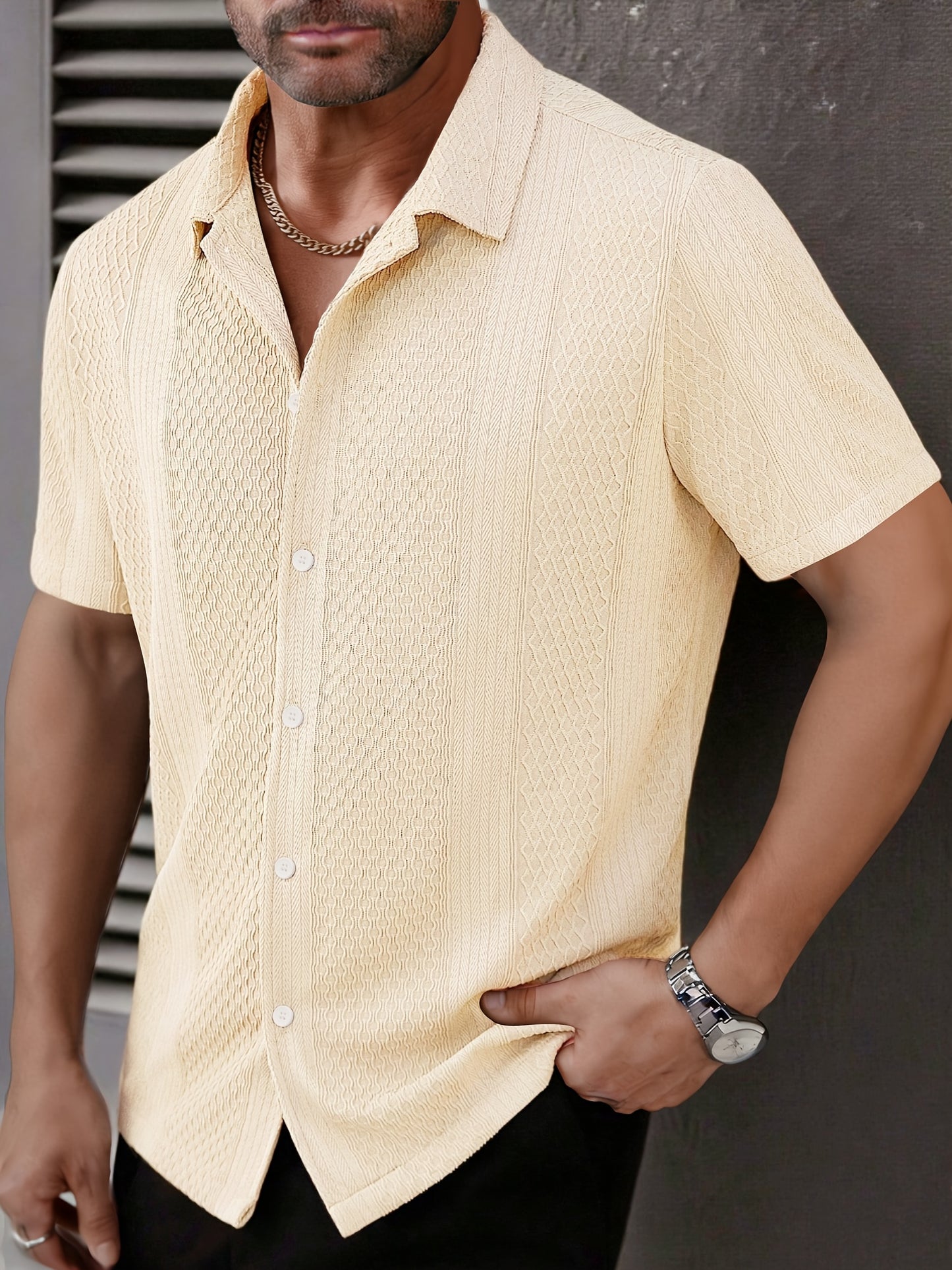 Men’s Jacquard Knit Short Sleeve Shirt – Relaxed Summer Button-Up