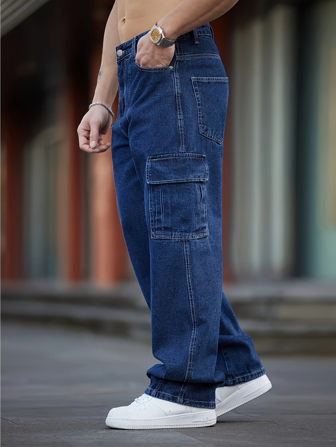 Jean taille large urbain – Jean délavé à poches multiples