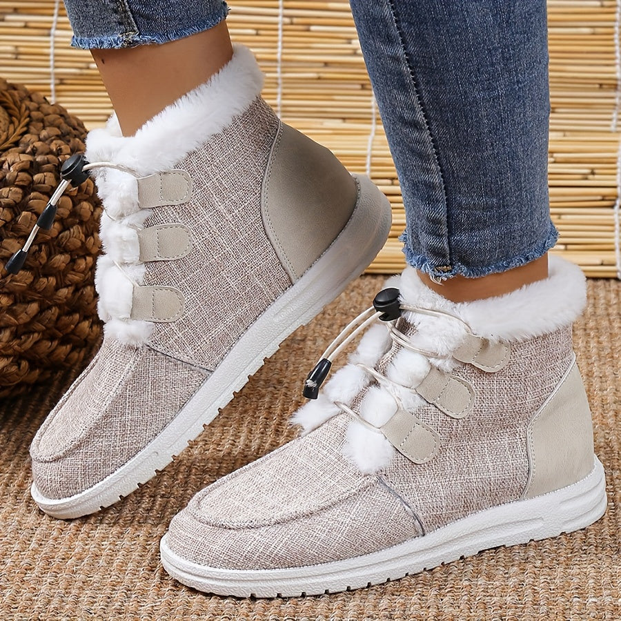 Women’s Faux Fur Slip-On Shoes – Cozy Winter Warm Beige Drawstring Loafers