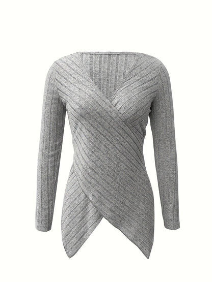 Women’s Elegant V-Neck Top – Stretch Knit Cross Detail T-Shirt