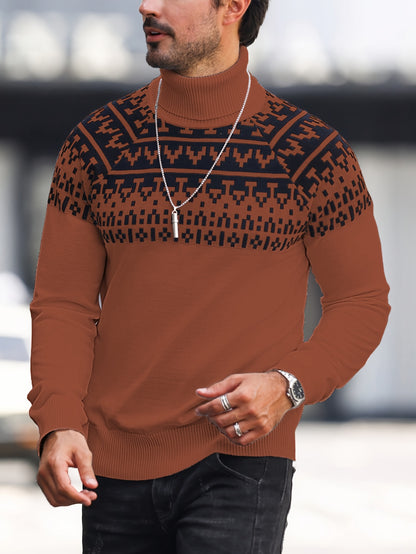 Suéter de cuello alto geométrico para hombre - Suéter informal de punto para otoño e invierno