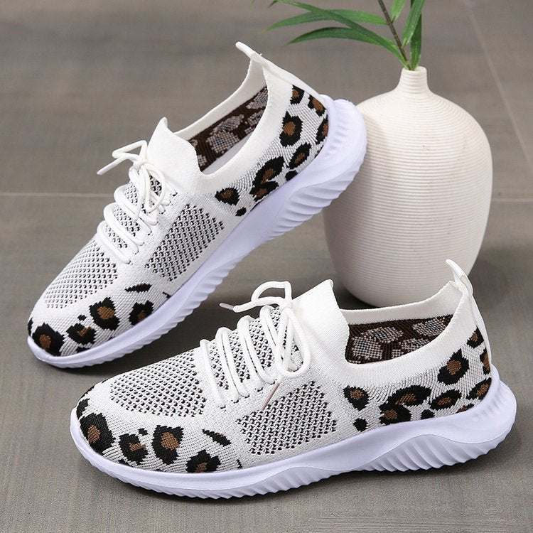Loom & Soul Leopard Print Lace-Up Sneakers – Women’s Casual White Sports Shoes with Round Toe