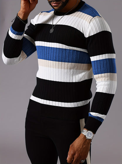 Men’s Striped Ribbed Knit Sweater – Color-Block Fall Winter Pullover