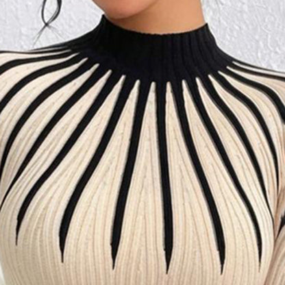 Suéter de punto de cuello alto ajustado para mujer – Manga larga a rayas acanalado
