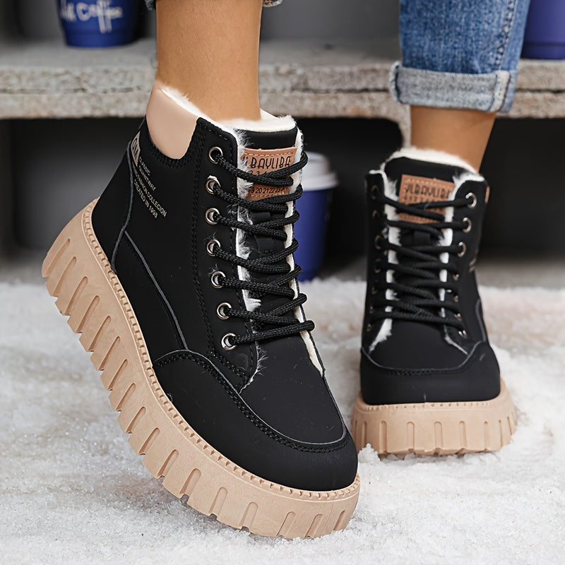 Women’s Fleece-Lined High-Top Ankle Boots – Thick Sole Casual Winter Shoes