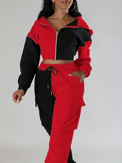 Colorblock Hooded Jacket & Cargo Pants Set – Women’s Zip-Up Two-Piece