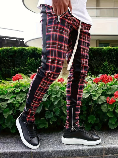 Men’s Red & Black Plaid Joggers – 3D Knit Streetwear Trousers