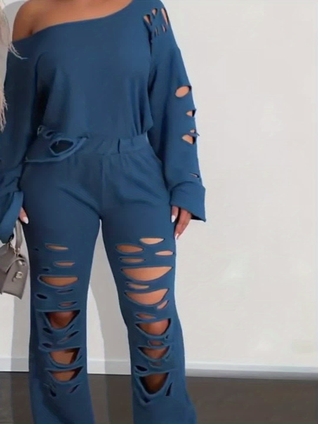 Women’s 2-Piece Off-Shoulder Distressed Set – Long Sleeve Top & Ripped Pants