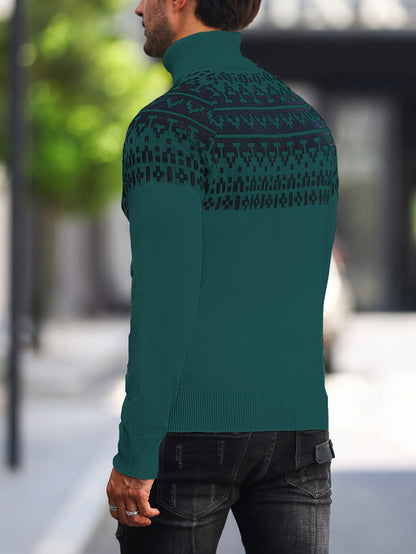 Suéter de cuello alto geométrico para hombre - Suéter informal de punto para otoño e invierno