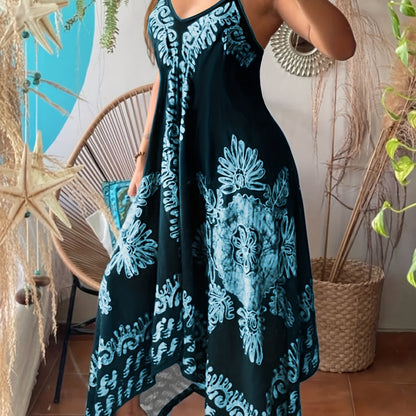 Bohemian Floral Maxi Dress – V-Neck Spaghetti Strap Summer Dress
