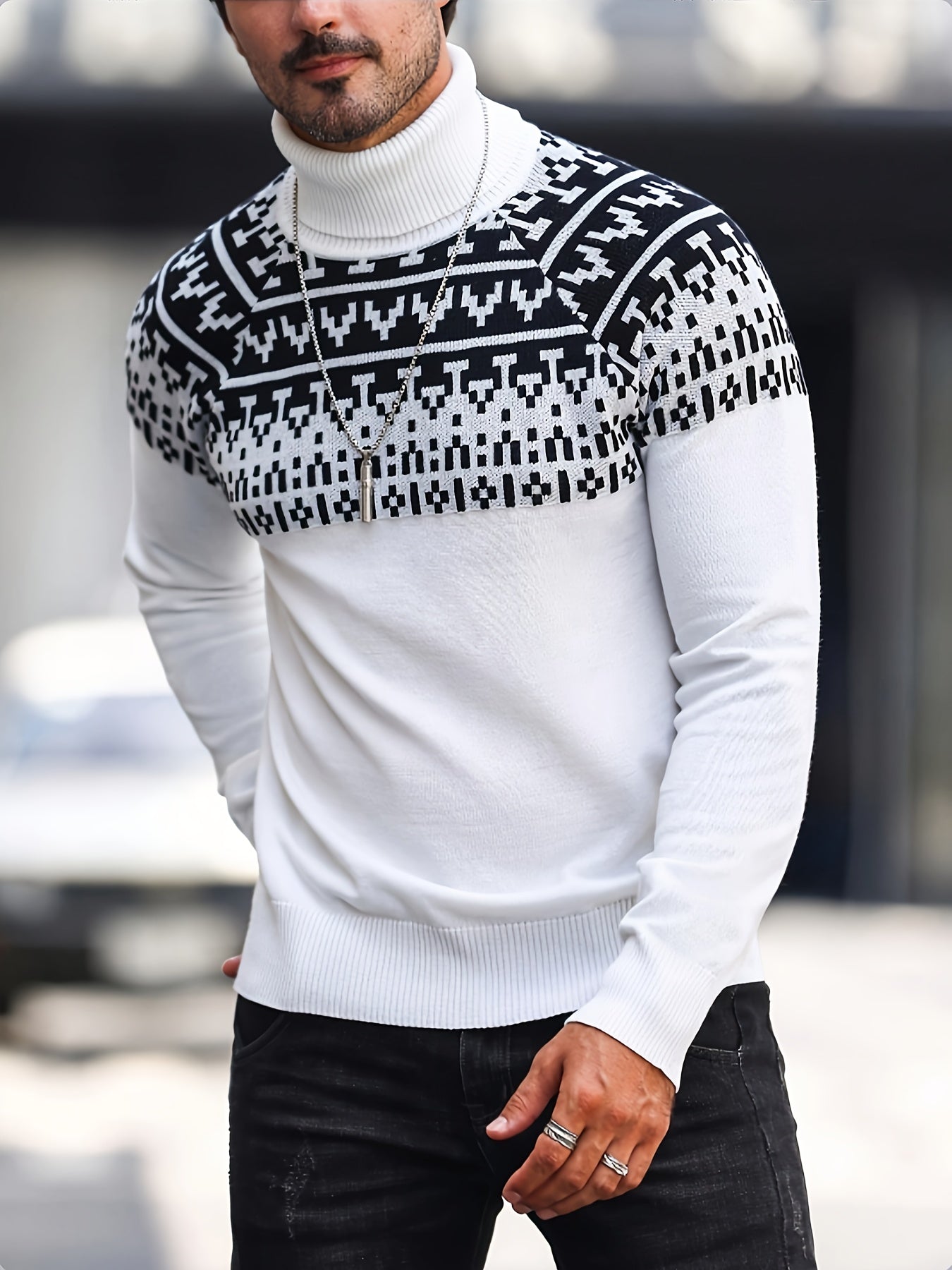 Suéter de cuello alto geométrico para hombre - Suéter informal de punto para otoño e invierno