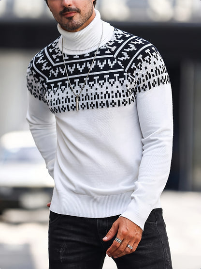 Suéter de cuello alto geométrico para hombre - Suéter informal de punto para otoño e invierno