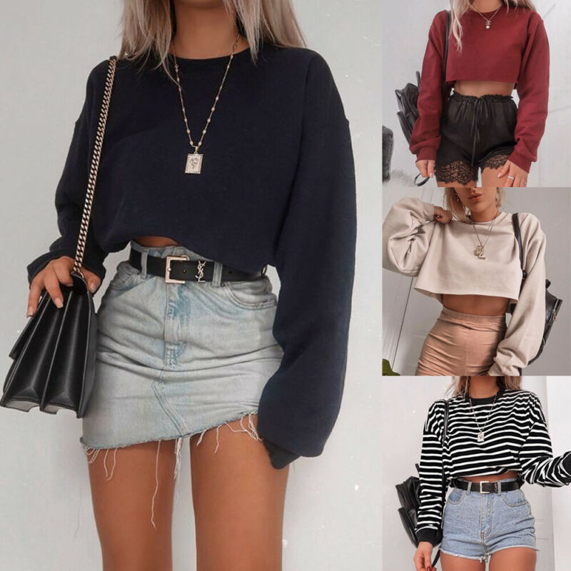 Top corto de manga larga para mujer - Camiseta casual de algodón de corte ajustado