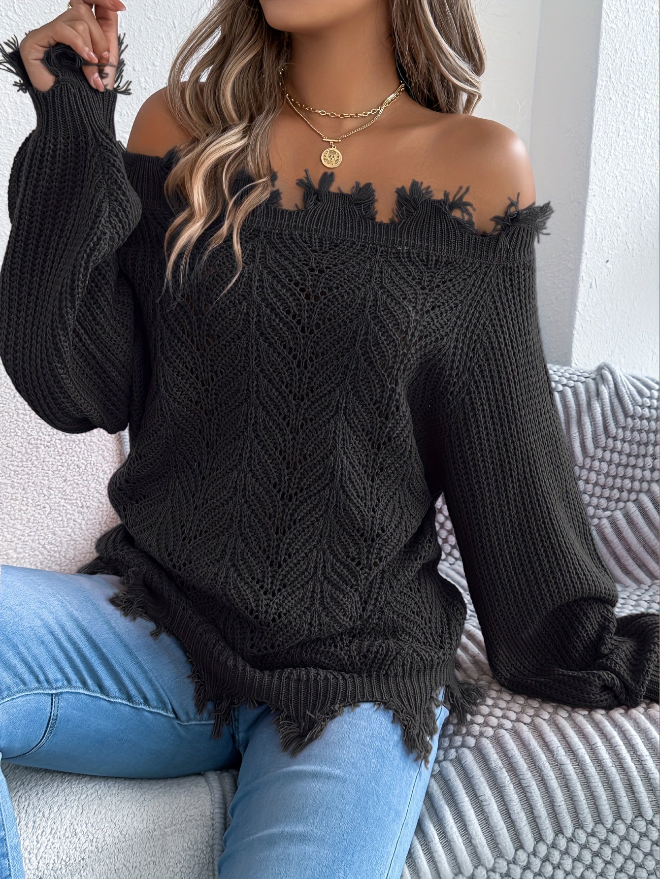 Women’s Off-Shoulder Sweater – Chic Fall/Winter Knit Pullover