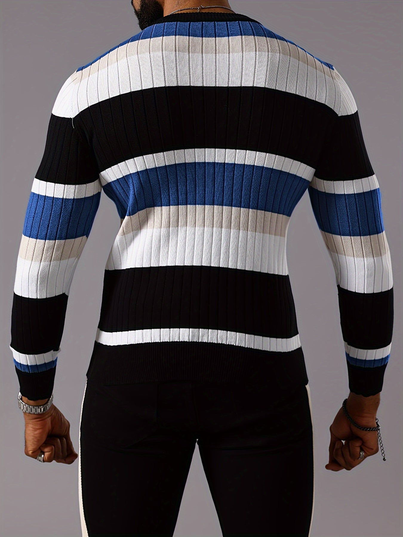 Men’s Striped Ribbed Knit Sweater – Color-Block Fall Winter Pullover