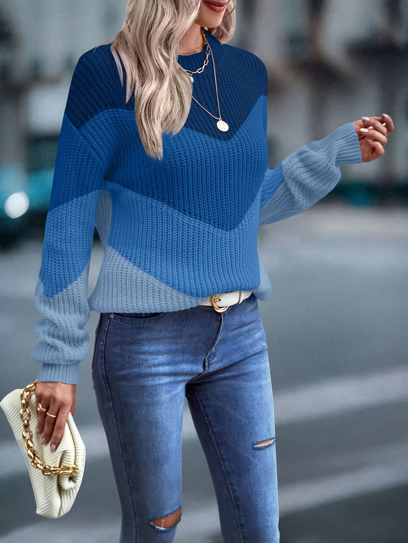 Color-Blocked V-Pattern Sweater – Drop Shoulder Knit for Fall/Winter