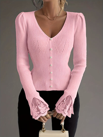 Women’s Elegant Pink V-Neck Pullover – Ribbed Long Sleeve Knit Top