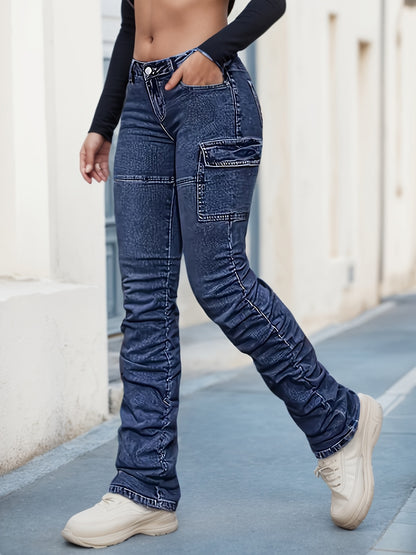 Vaqueros cargo de tiro alto para mujer – Pantalones rectos de mezclilla azul relajados