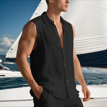 Men’s Linen Sleeveless Shirt – Open Lapel Summer Layer