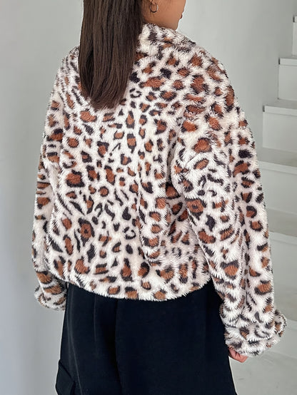 Elegant Leopard Print Plush Hoodie – Soft Fleece-Lined Zip Jacket