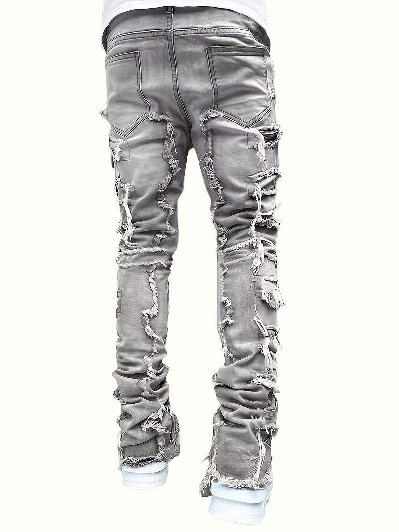Men's Distressed Slim-Fit Jeans – Layered Rips & Patchwork Street Denim