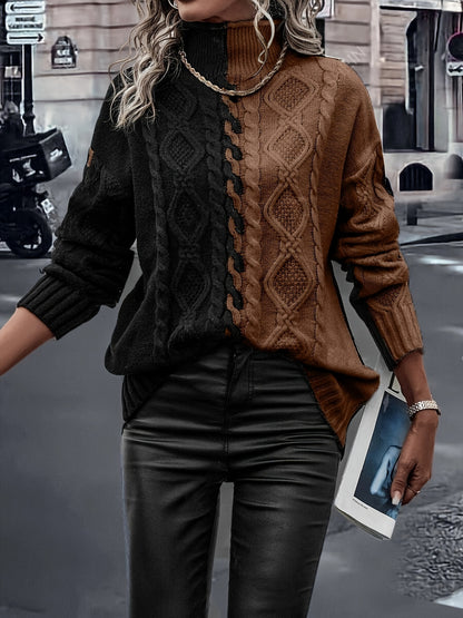 Elegant High-Neck Striped Blouse – Color-Block Knit Long Sleeve Top