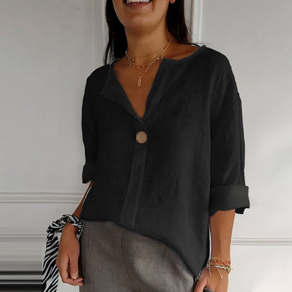Loom & Soul™ Women’s V-Neck Cotton & Linen Button Top – Long-Sleeve Loose Pullover Blouse