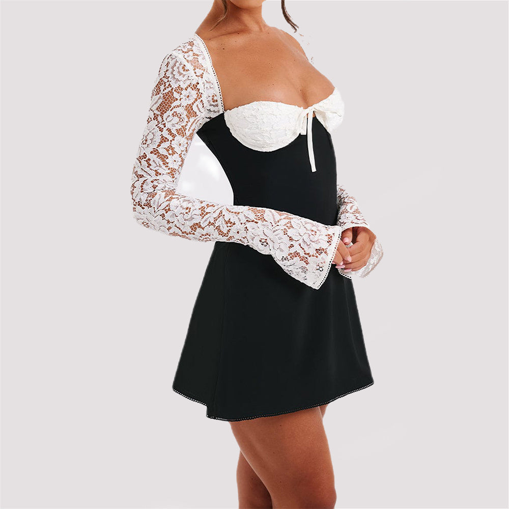 Loom & Soul™ Y2K Lace Corset Dress – Women’s Long Sleeve Backless Lace-Up Short Dress