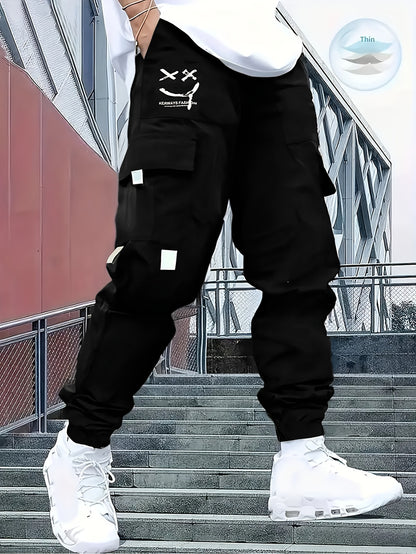 Men’s Joyful Face Work Overalls – Loose Multi-Pocket Cargo Pants