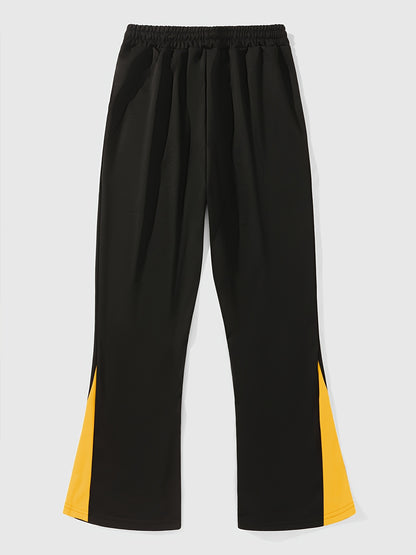 Men’s Black Flared Pants – Cross Print Streetwear Trousers with Red Stripe