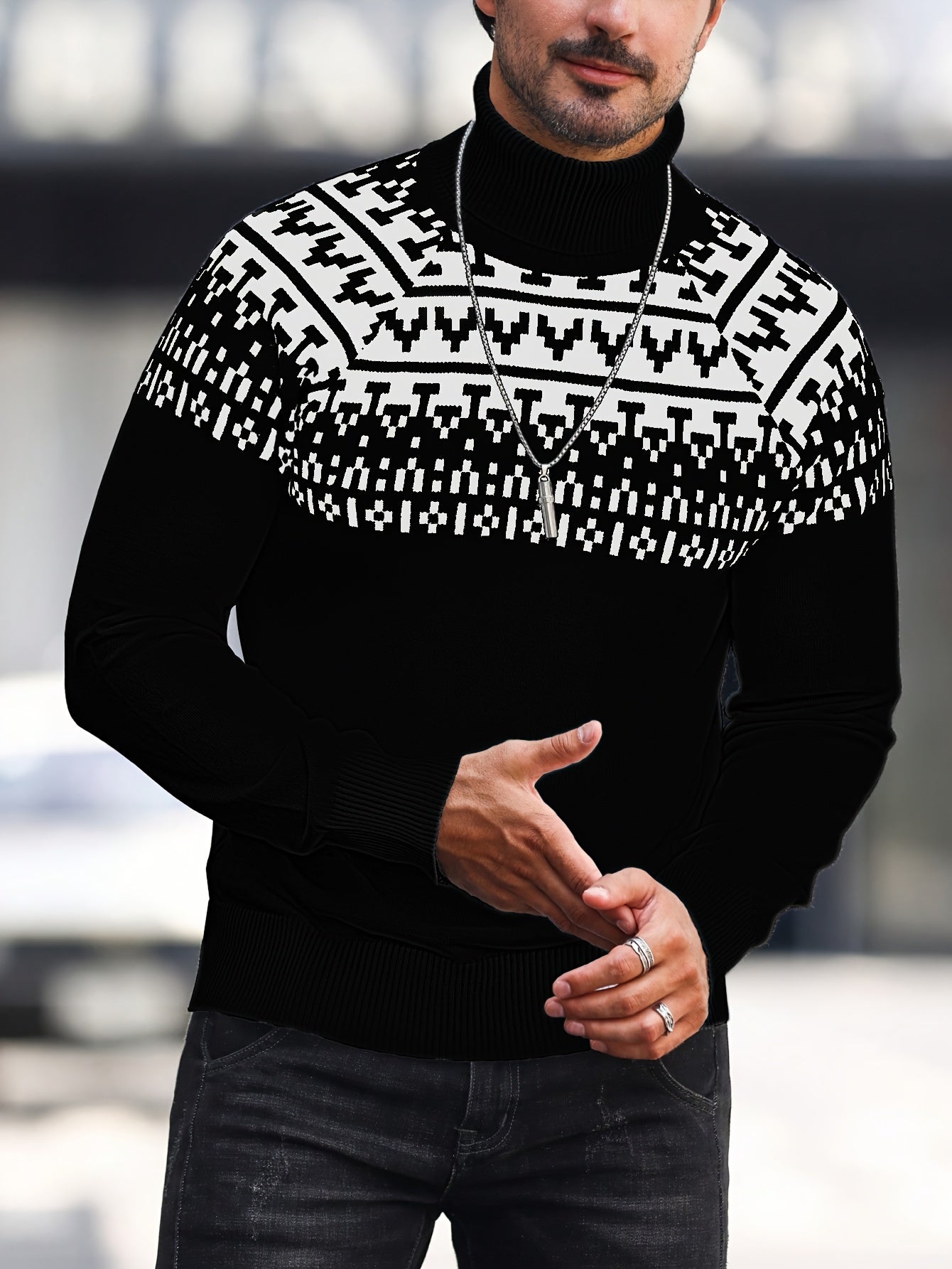Suéter de cuello alto geométrico para hombre - Suéter informal de punto para otoño e invierno