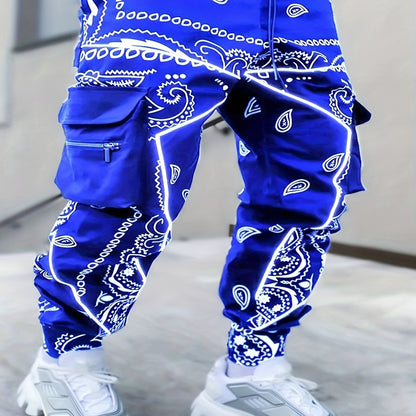 Men’s Geometric Cargo Joggers – Loose-Fit Athletic Pants with Zipper Pockets