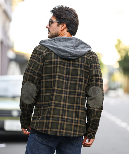 Men’s Plaid Flannel Hooded Jacket – Asymmetrical Button Tartan Coat