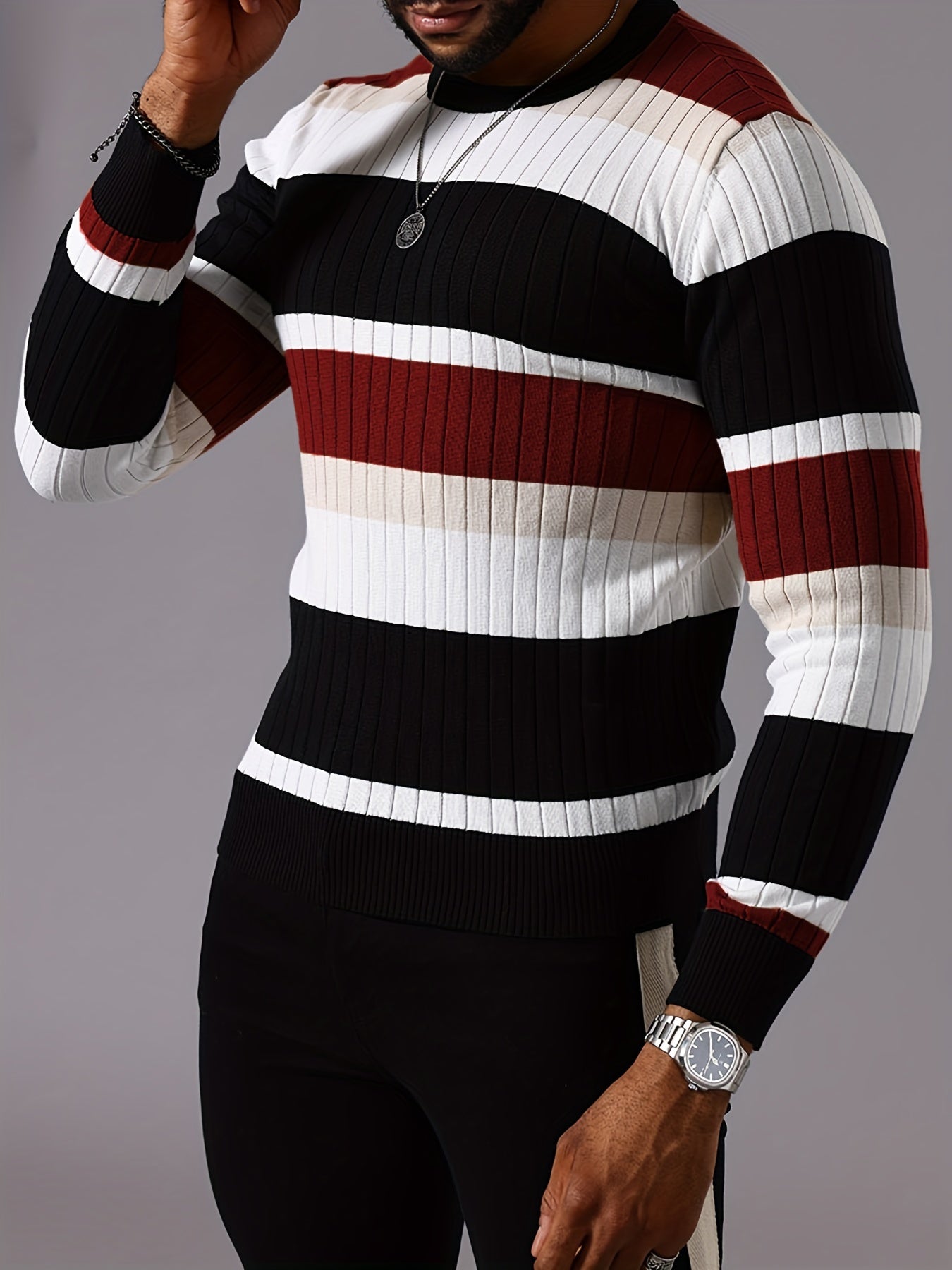 Men’s Striped Ribbed Knit Sweater – Color-Block Fall Winter Pullover