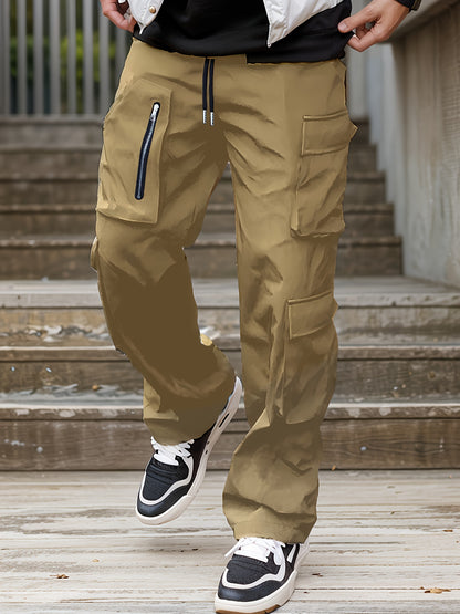 Men’s Green Cargo Pants – Loose Straight-Leg Elastic Waist Trousers