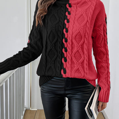 Elegant High-Neck Striped Blouse – Color-Block Knit Long Sleeve Top
