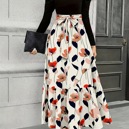 Robe longue portefeuille bleu marine à imprimé floral – Robe trapèze élégante de style rétro