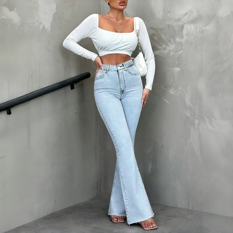 Women’s Raw Hem Flare Jeans – High Waist Vintage Bootcut Fit